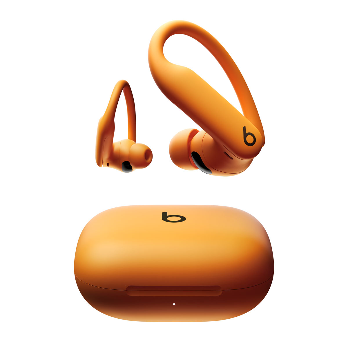 高能橙 Powerbeats Pro 2 的特写。