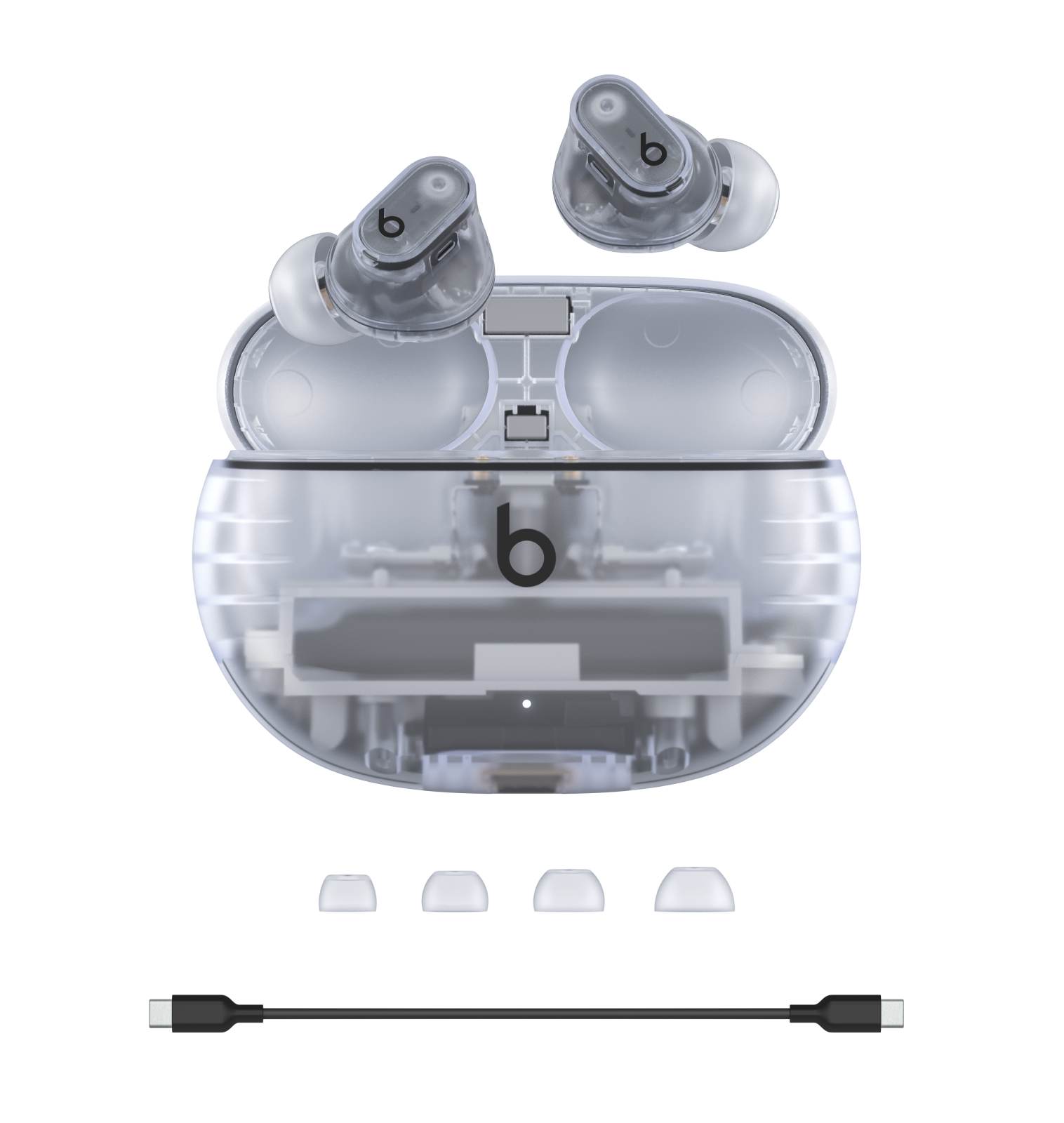 透明色的 Beats Studio Buds + 充电盒、耳机、耳塞和充电线
